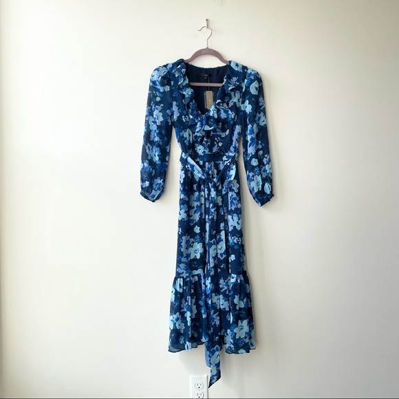 J. Crew Long Sleeve Wrap Dress Watercolor Begonias - Picture 2 of 6
